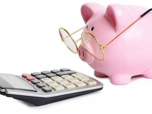 Piggy bank with glasses seemingly looking at a calculator
