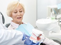 Woman and dentist discussing dentures